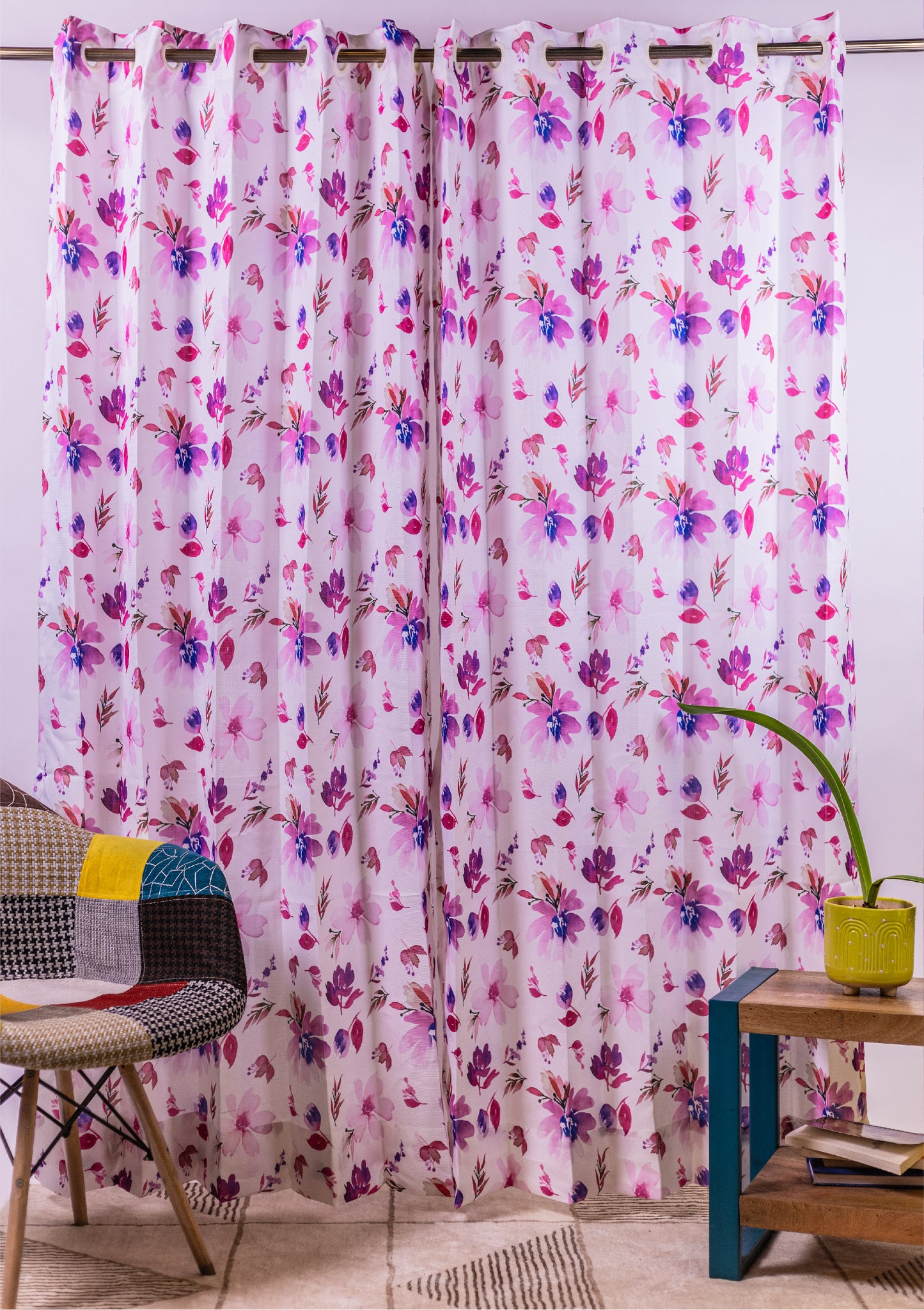 Lavender Color Curtain Watercolor Design Flower Print Curtain for Doors, Curtain for Window Polyester Curtain Fabric