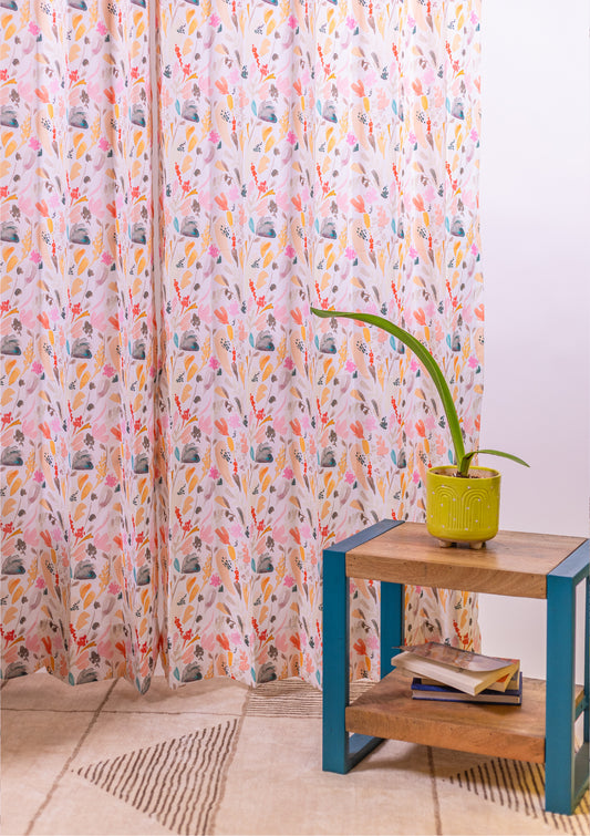 Peach Color Curtain Watercolor Design Leaf Print Curtain for Doors, Curtain for Window Polyester Curtain Fabric
