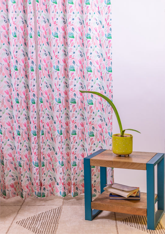 Pink Color Curtain Watercolor Design Leaf Print Curtain for Doors, Curtain for Window Polyester Curtain Fabric