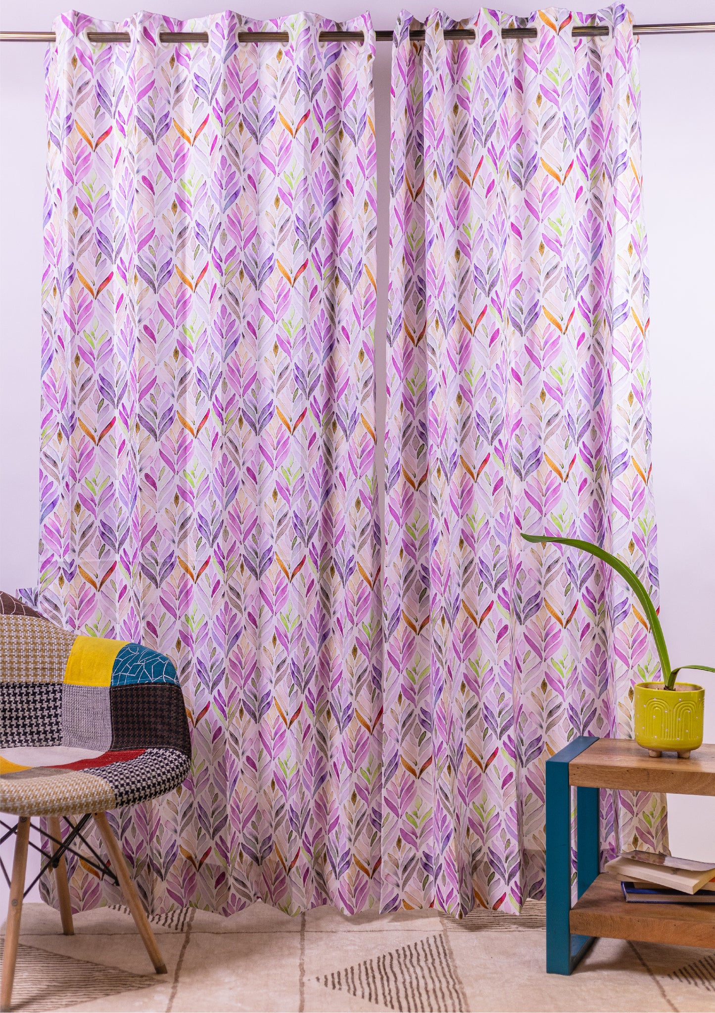 Purple Color Curtain Watercolor Design Petals Print Curtain for Doors, Curtain for Window Polyester Curtain Fabric