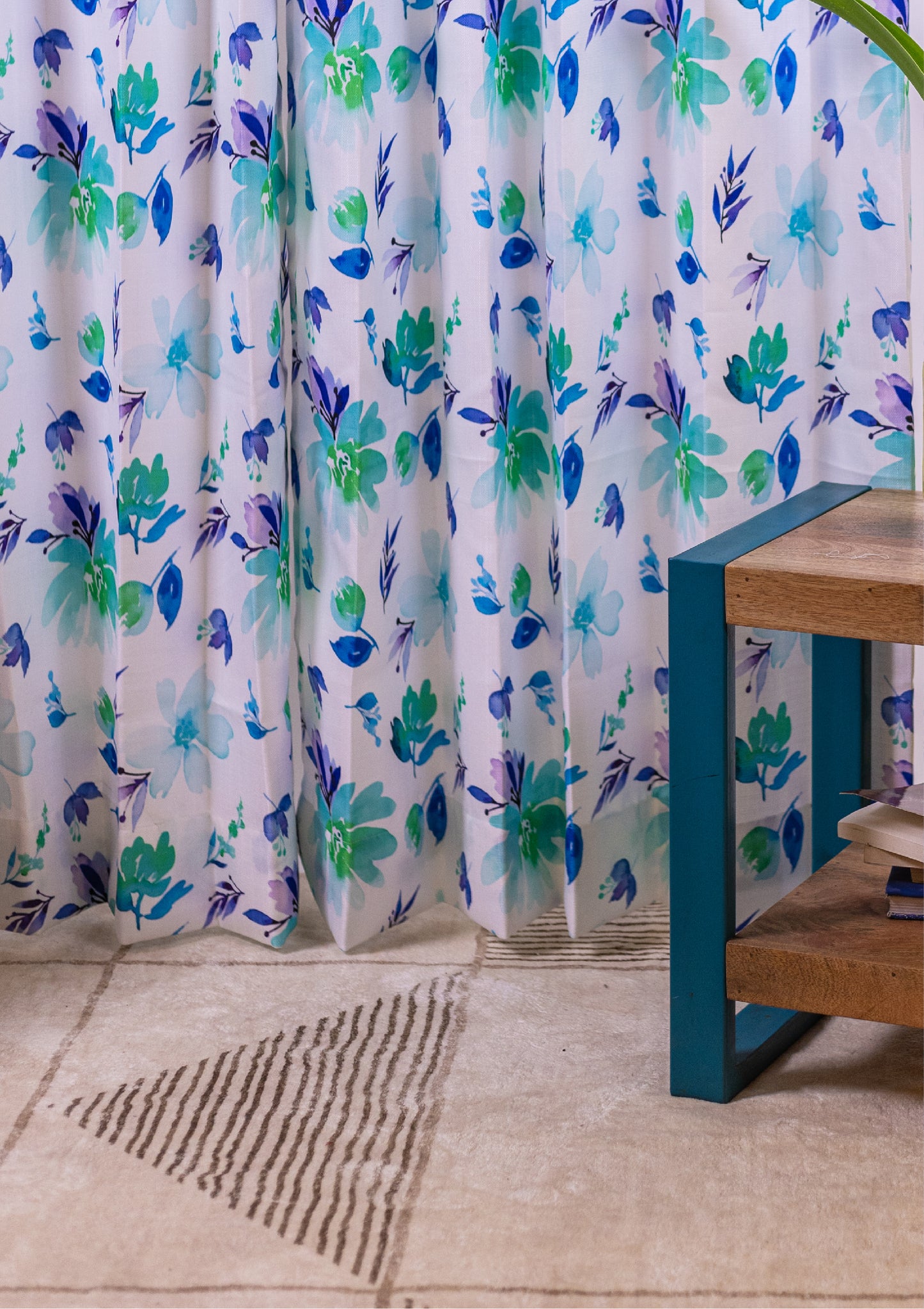 Blue Color Curtain Watercolor Design Flower Print Curtain for Doors, Curtain for Window Polyester Curtain Fabric