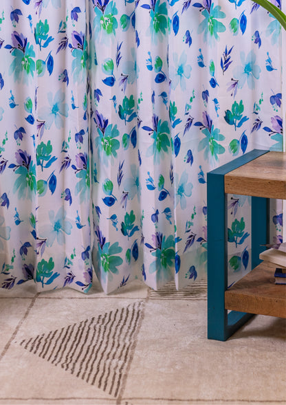 Blue Color Curtain Watercolor Design Flower Print Curtain for Doors, Curtain for Window Polyester Curtain Fabric