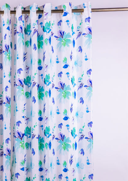 Blue Color Curtain Watercolor Design Flower Print Curtain for Doors, Curtain for Window Polyester Curtain Fabric