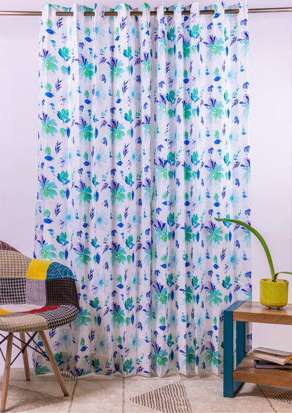 Blue Color Curtain Watercolor Design Flower Print Curtain for Doors, Curtain for Window Polyester Curtain Fabric