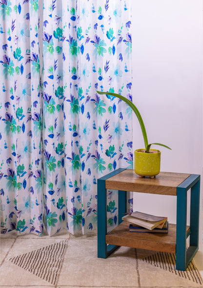 Blue Color Curtain Watercolor Design Flower Print Curtain for Doors, Curtain for Window Polyester Curtain Fabric