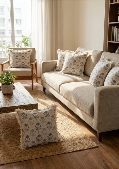 Blue Floral Motif Lace Cushion Cover for Living Room