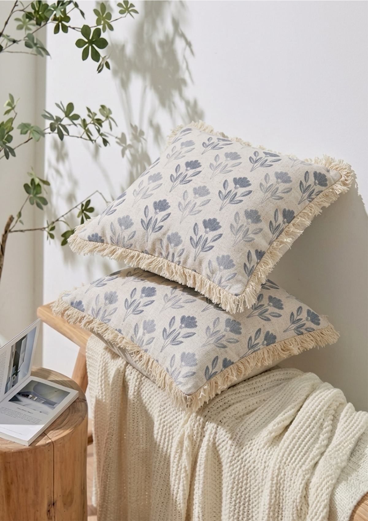 Blue Floral Motif Lace Cushion Cover for Living Room