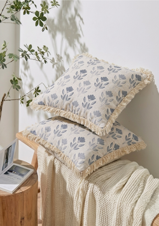 Blue Floral Motif Lace Cushion Cover for Living Room