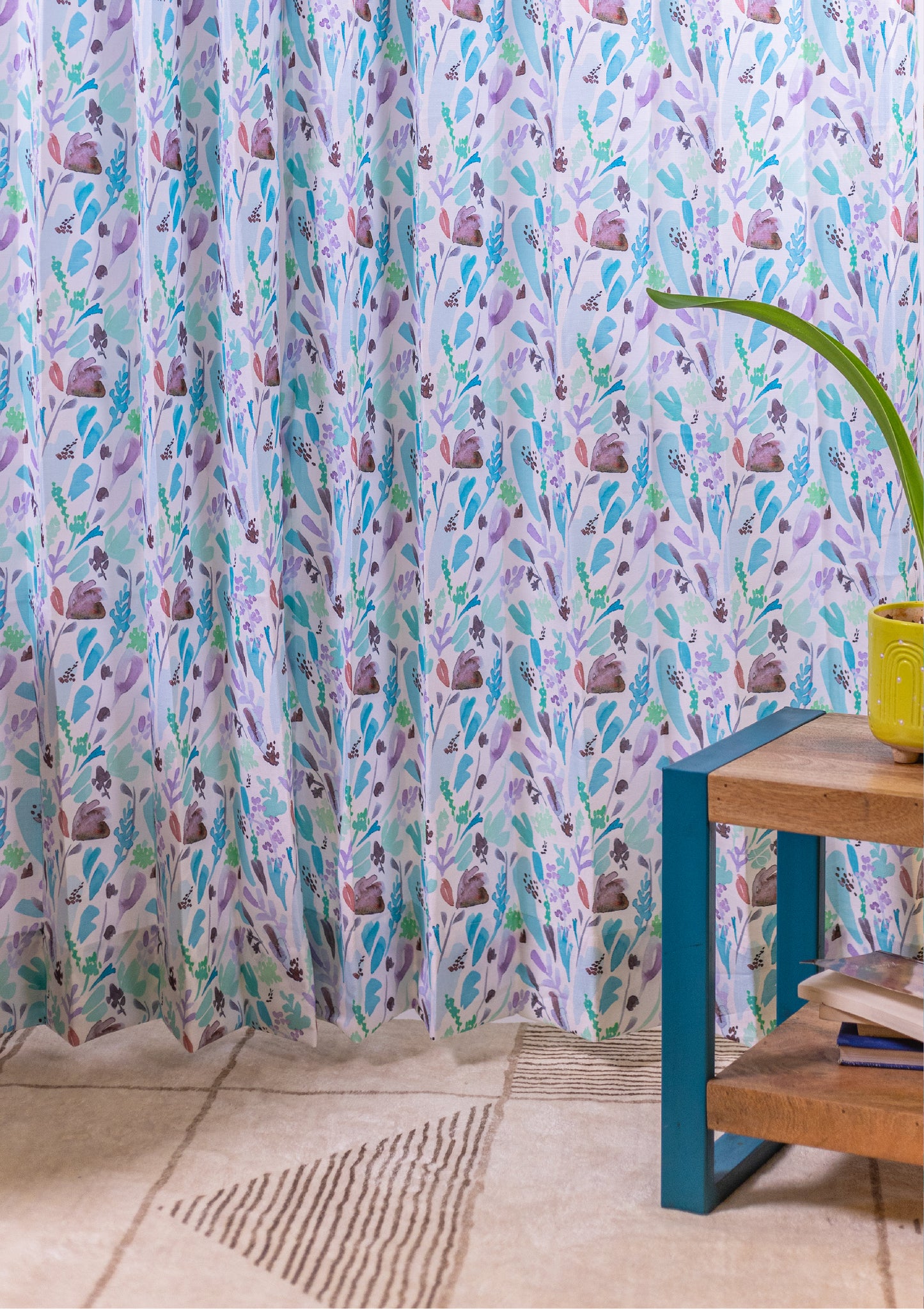 Blue Color Curtain Watercolor Design Leaf Print Curtain for Doors, Curtain for Window Polyester Curtain Fabric