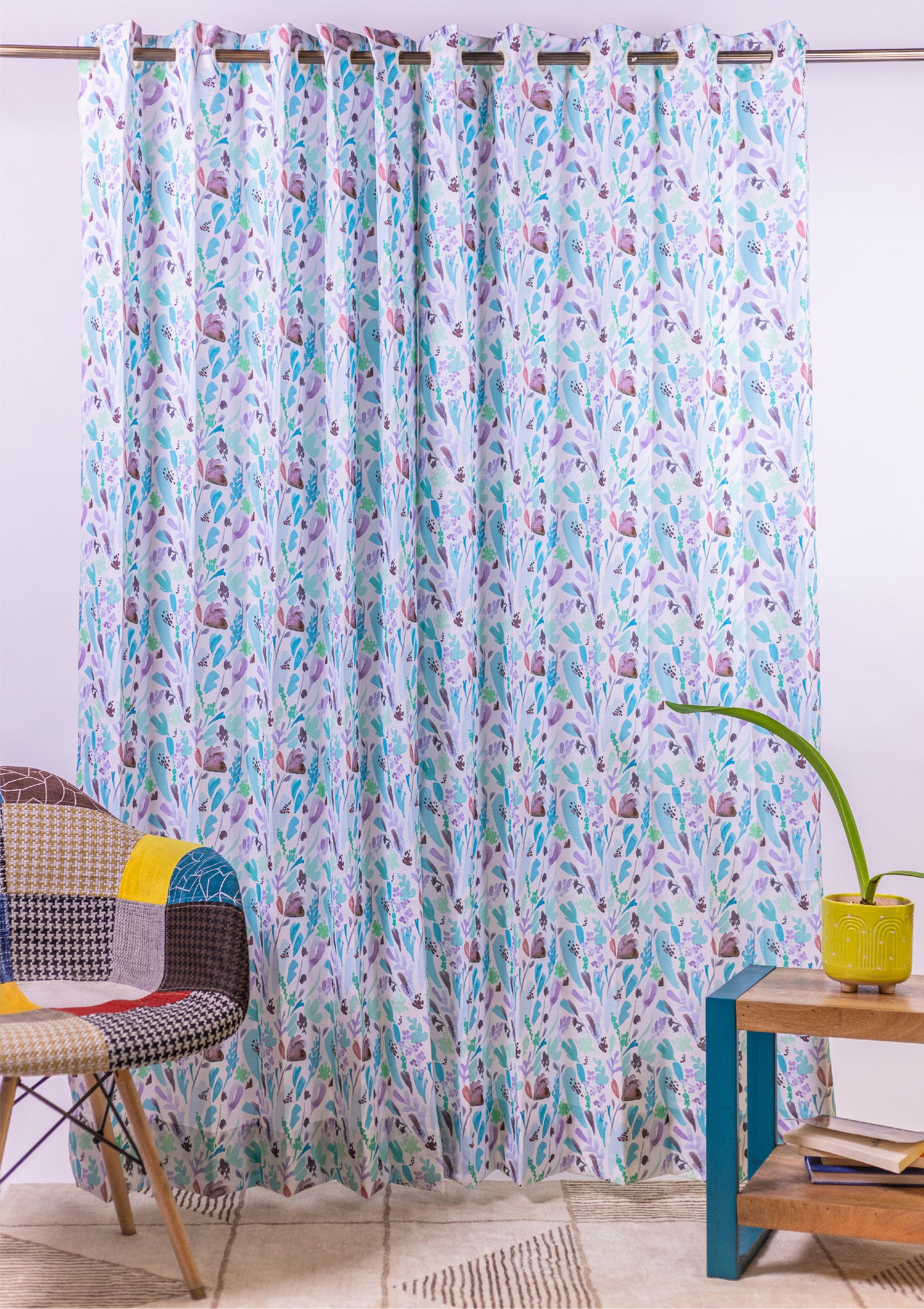 Blue Color Curtain Watercolor Design Leaf Print Curtain for Doors, Curtain for Window Polyester Curtain Fabric