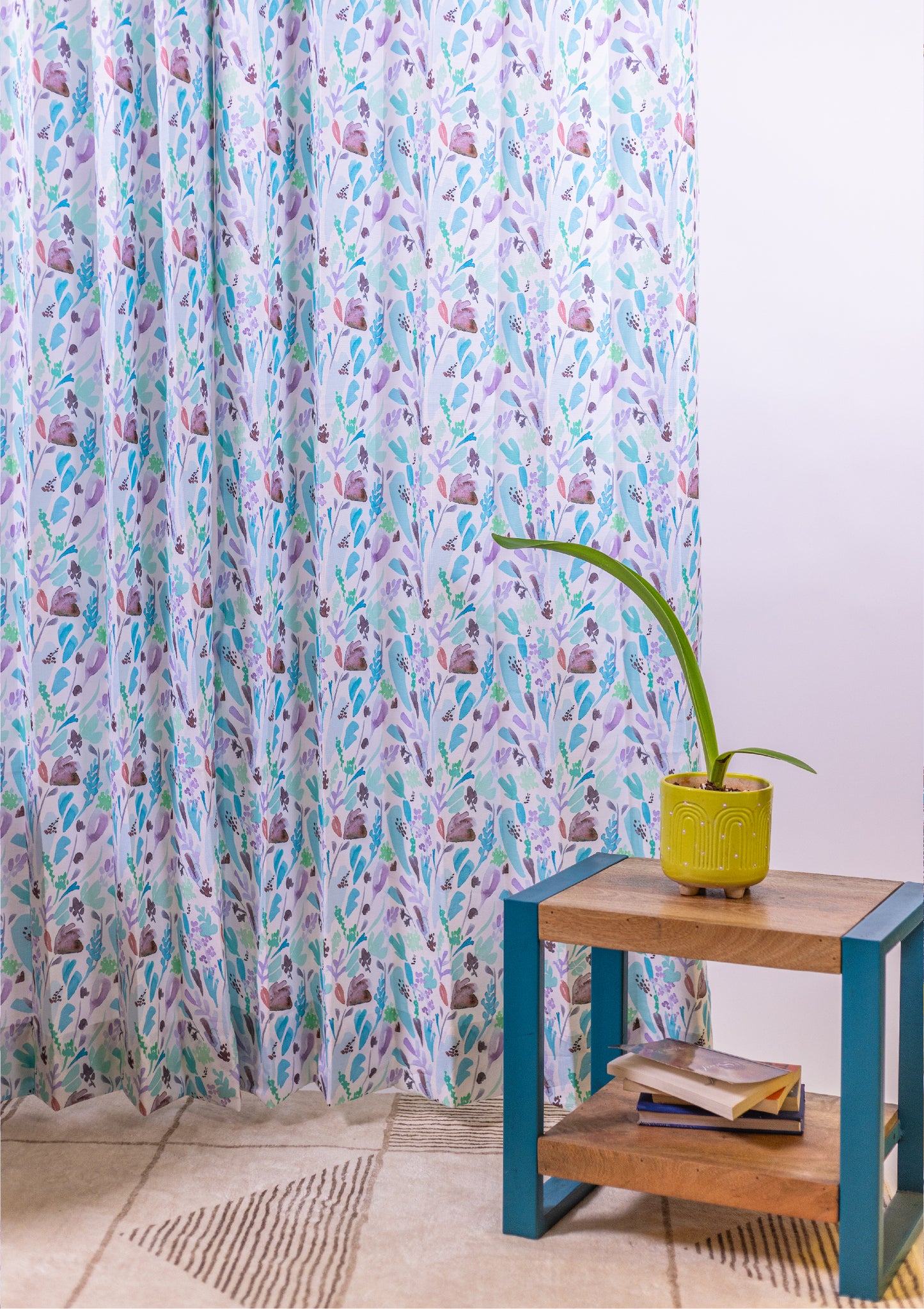 Blue Color Curtain Watercolor Design Leaf Print Curtain for Doors, Curtain for Window Polyester Curtain Fabric