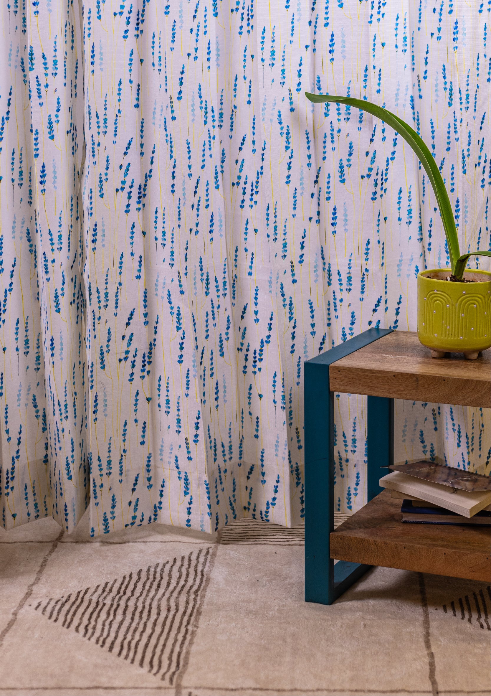 Blue Color Curtain Watercolor Design Bajra Print Curtain for Doors, Curtain for Window Polyester Curtain Fabric