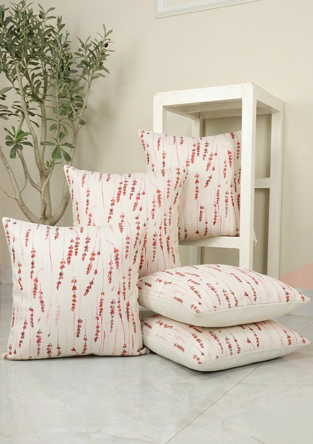 Cherry Red Long Leaf Printed Cushion Cover for Living Room