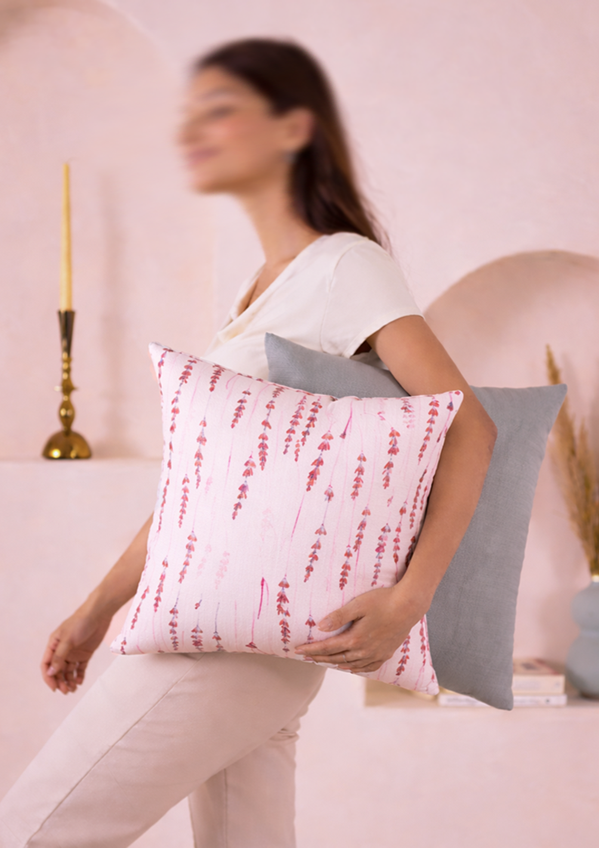 Cherry Red Long Leaf Printed Cushion Cover for Living Room
