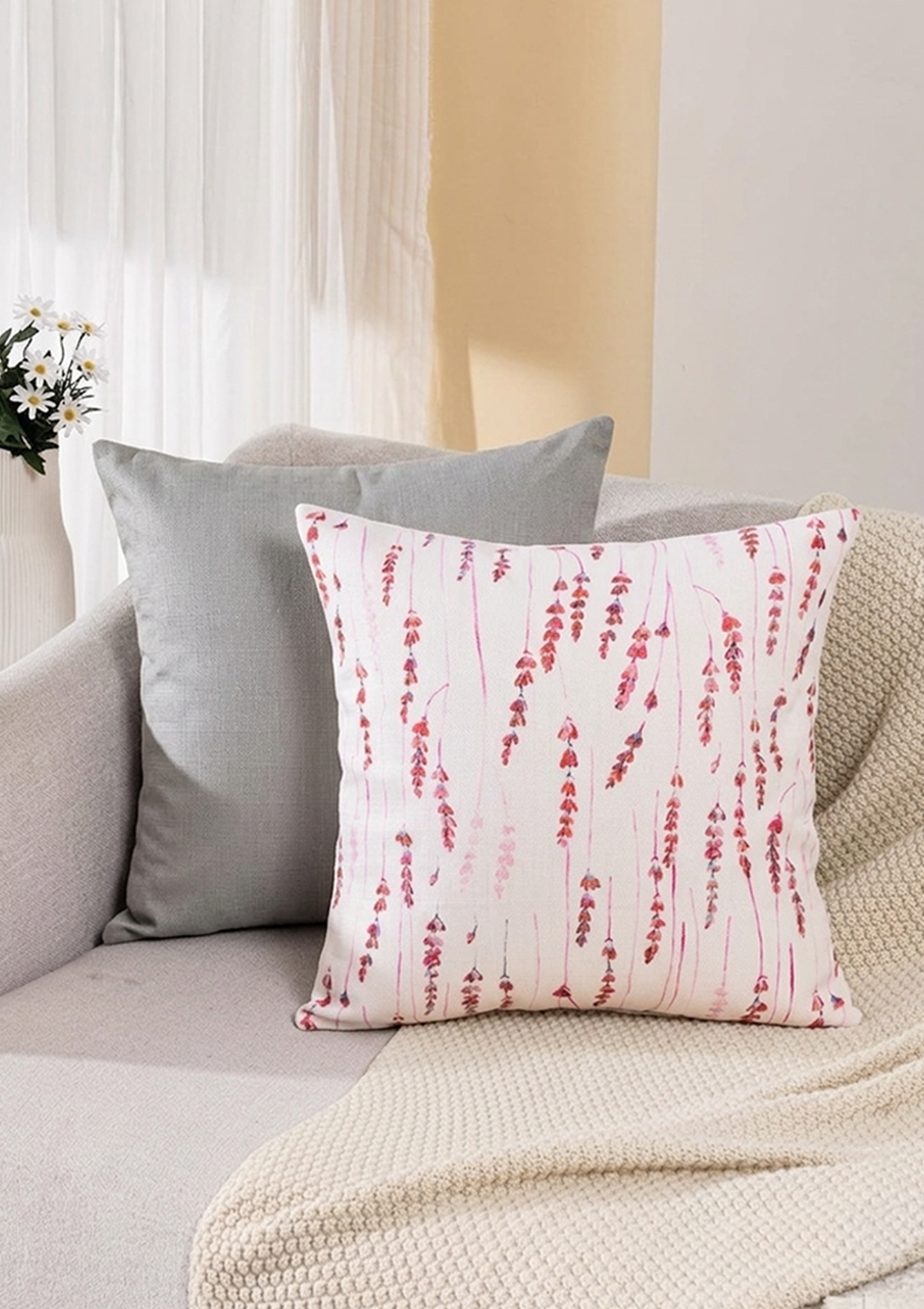 Cherry Red Long Leaf Printed Cushion Cover for Living Room