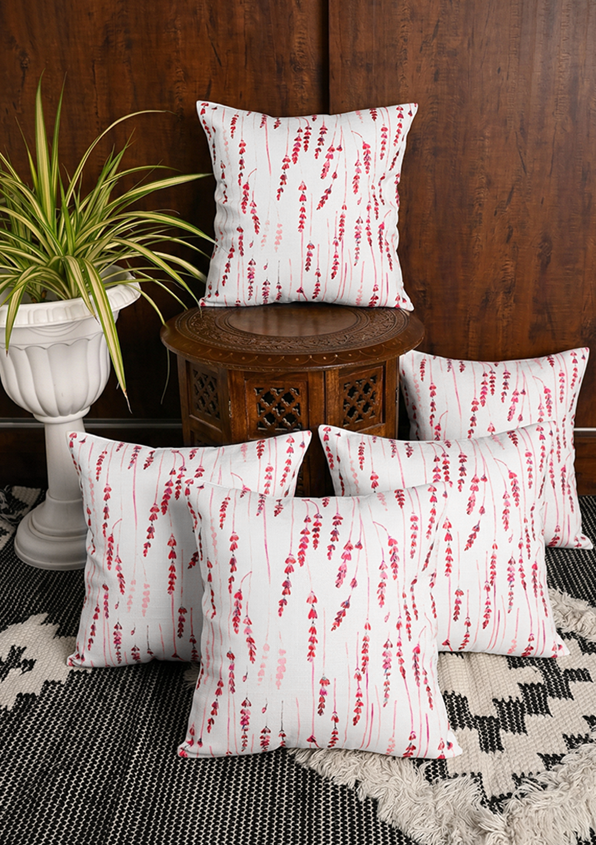 Cherry Red Long Leaf Printed Cushion Cover for Living Room