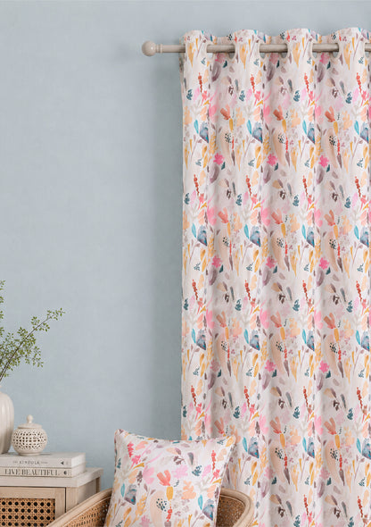 Peach Color Curtain Watercolor Design Leaf Print Curtain for Doors, Curtain for Window Polyester Curtain Fabric (Pack Of 1)