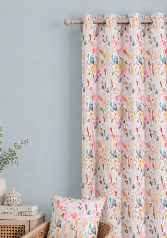 Peach Color Curtain Watercolor Design Leaf Print Curtain for Doors, Curtain for Window Polyester Curtain Fabric (Pack Of 1)