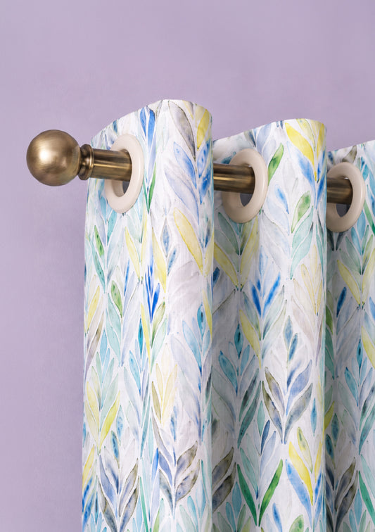 Green Color Curtain Watercolor Design Petals Print Curtain for Doors, Curtain for Window Polyester Curtain Fabric (Pack Of 1)