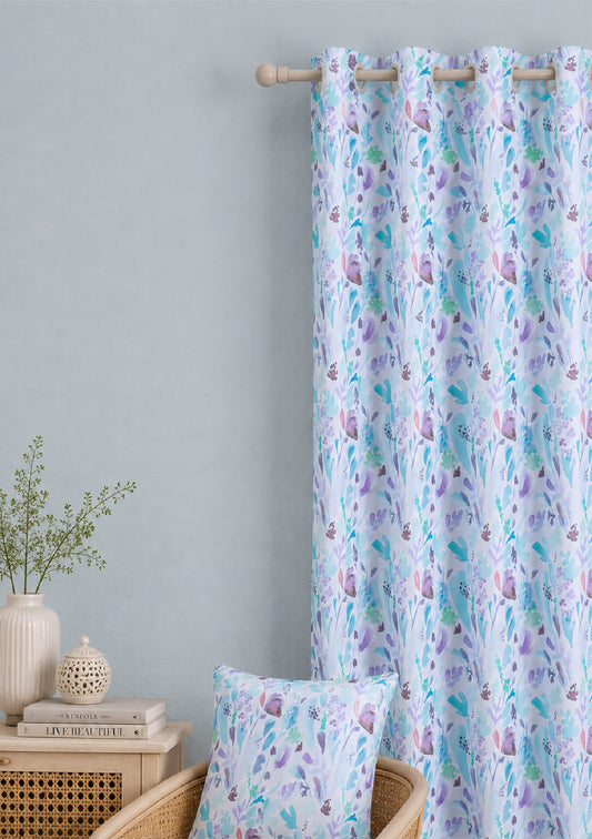 Blue Color Curtain Watercolor Design Leaf Print Curtain for Doors, Curtain for Window Polyester Curtain Fabric (Pack Of 1)