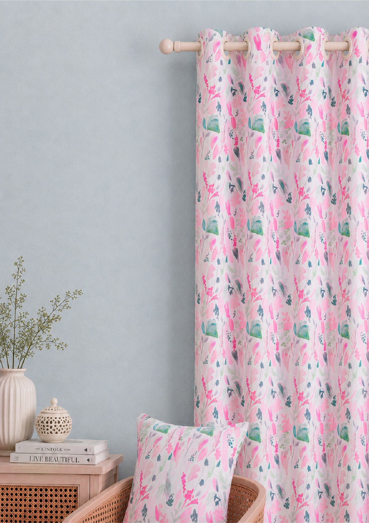 Pink Color Curtain Watercolor Design Leaf Print Curtain for Doors, Curtain for Window Polyester Curtain Fabric (Pack Of 1)