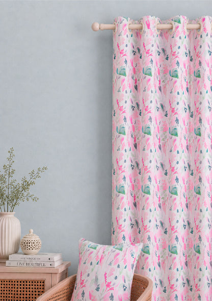 Pink Color Curtain Watercolor Design Leaf Print Curtain for Doors, Curtain for Window Polyester Curtain Fabric (Pack Of 1)