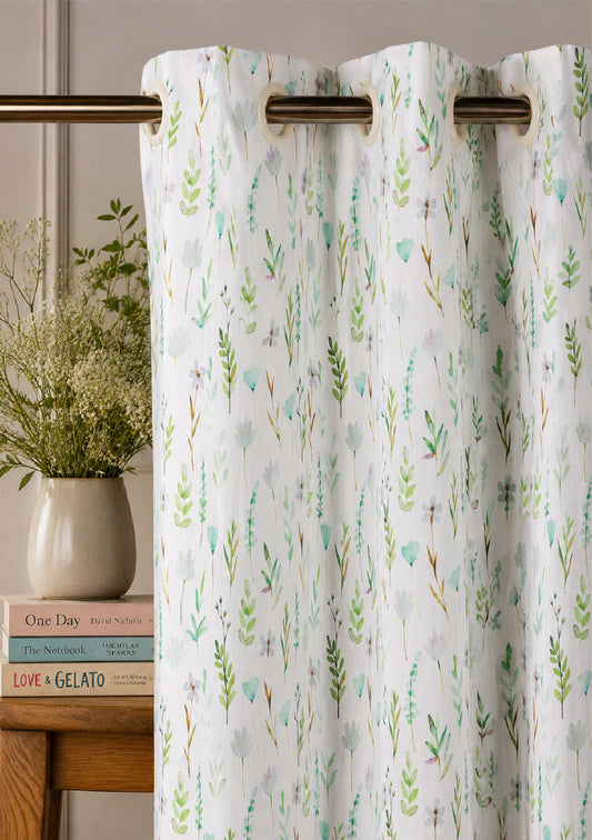 Green Color Curtain Watercolor Design Bay Leaf Print Curtain for Doors, Curtain for Window Polyester Curtain Fabric (Pack Of 1)