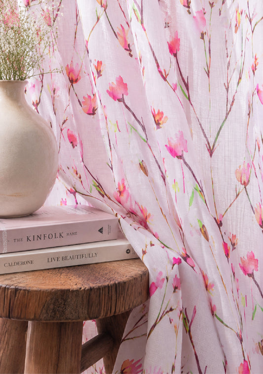 Pink Color Curtain Watercolor Design Flower Bail Print Curtain for Doors, Curtain for Window Polyester Curtain Fabric (Pack Of 1)