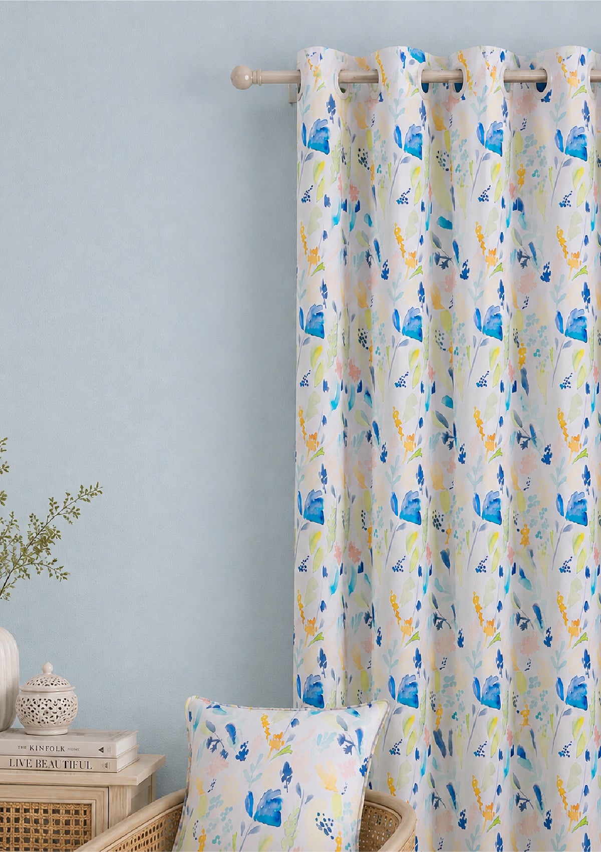 Green Color Curtain Watercolor Design Leaf Print Curtain for Doors, Curtain for Window Polyester Curtain Fabric (Pack Of 1)