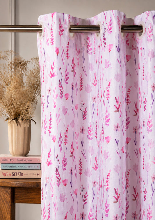 Pink Color Curtain Watercolor Design Bay Leaf Print Curtain for Doors, Curtain for Window Polyester Curtain Fabric (Pack Of 1)