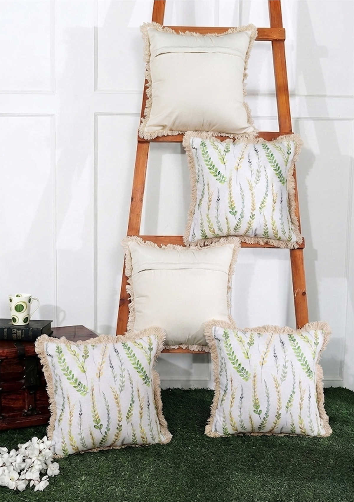 Green Long Leaf Lace Cushion Cover for Modern Decor