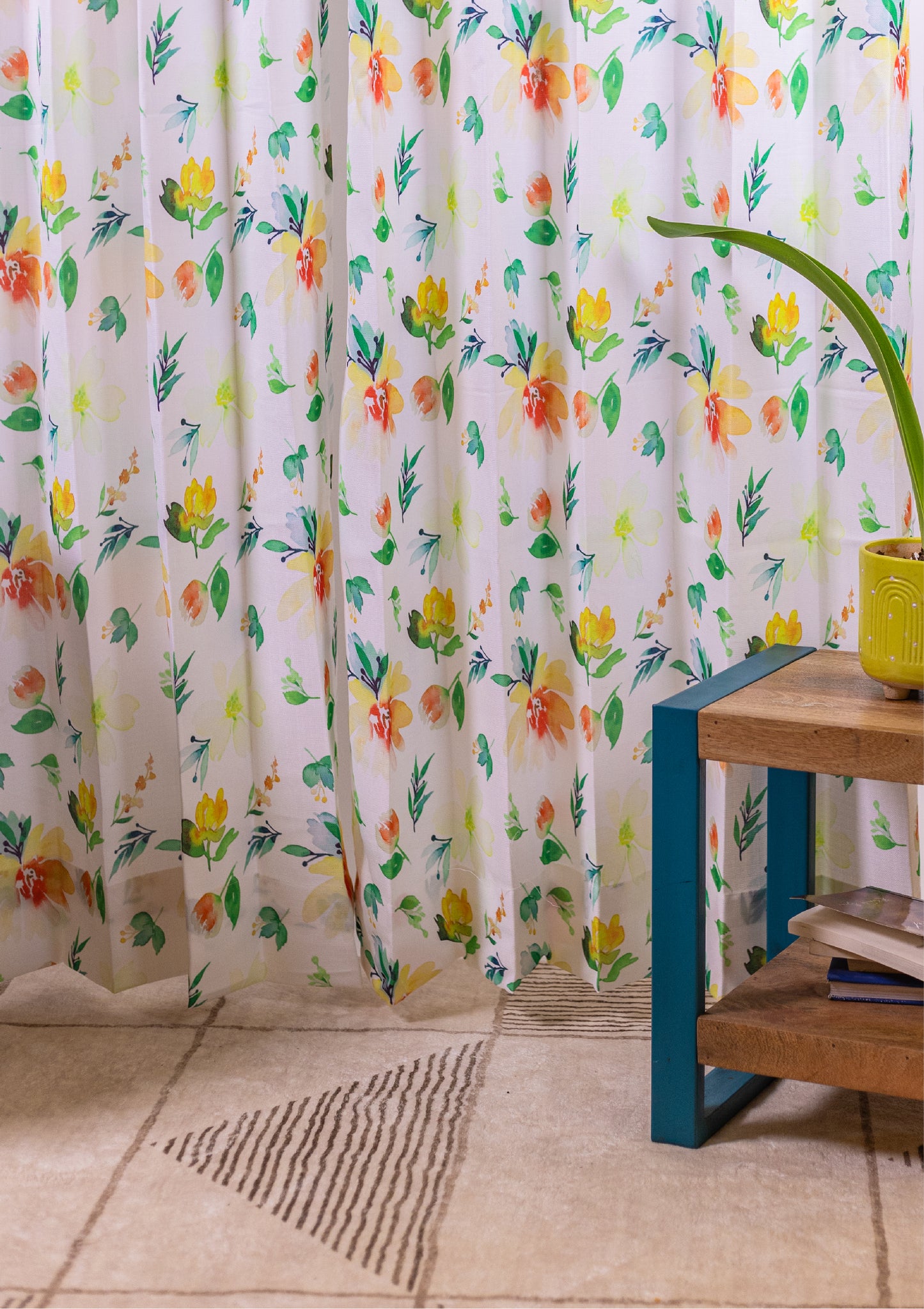 Green Color Curtain Watercolor Design Flower Print Curtain for Doors, Curtain for Window Polyester Curtain Fabric