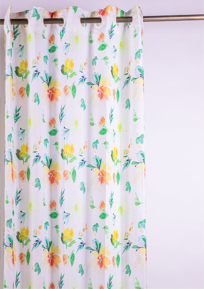 Green Color Curtain Watercolor Design Flower Print Curtain for Doors, Curtain for Window Polyester Curtain Fabric