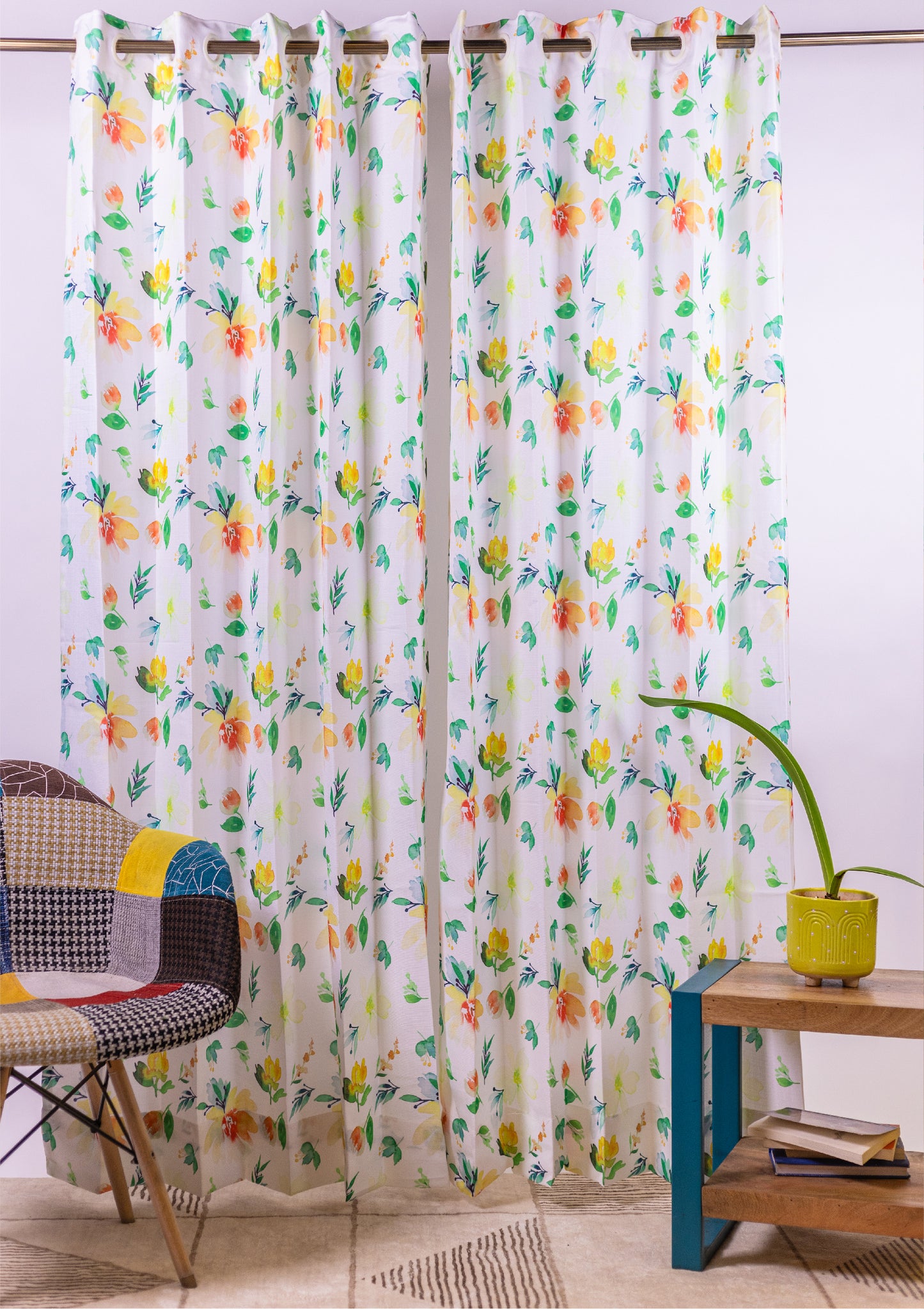 Green Color Curtain Watercolor Design Flower Print Curtain for Doors, Curtain for Window Polyester Curtain Fabric