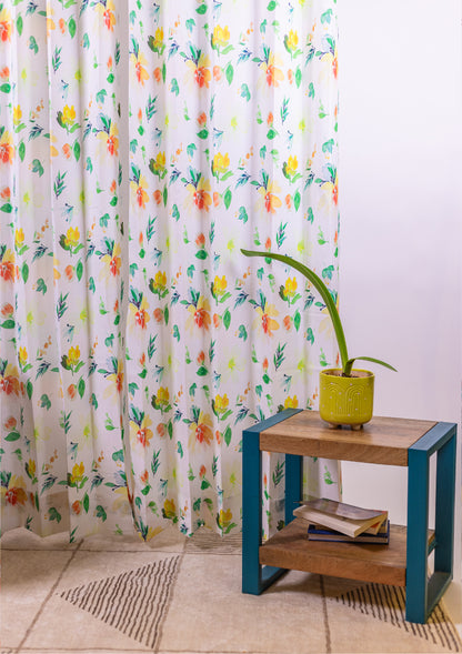 Green Color Curtain Watercolor Design Flower Print Curtain for Doors, Curtain for Window Polyester Curtain Fabric