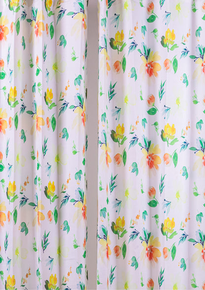 Green Color Curtain Watercolor Design Flower Print Curtain for Doors, Curtain for Window Polyester Curtain Fabric