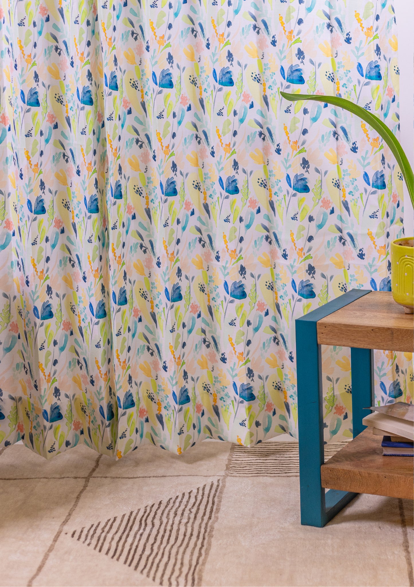 Green Color Curtain Watercolor Design Leaf Print Curtain for Doors, Curtain for Window Polyester Curtain Fabric