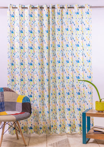 Green Color Curtain Watercolor Design Leaf Print Curtain for Doors, Curtain for Window Polyester Curtain Fabric