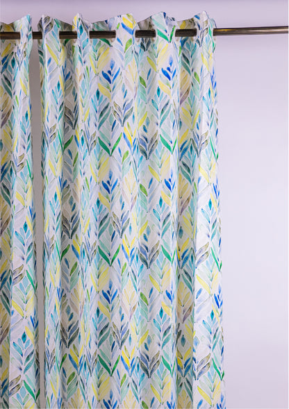 Green Color Curtain Watercolor Design Petals Print Curtain for Doors, Curtain for Window Polyester Curtain Fabric