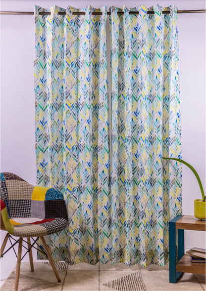 Green Color Curtain Watercolor Design Petals Print Curtain for Doors, Curtain for Window Polyester Curtain Fabric