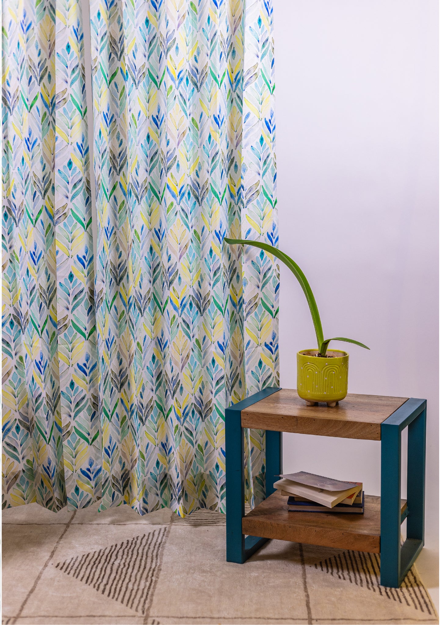 Green Color Curtain Watercolor Design Petals Print Curtain for Doors, Curtain for Window Polyester Curtain Fabric