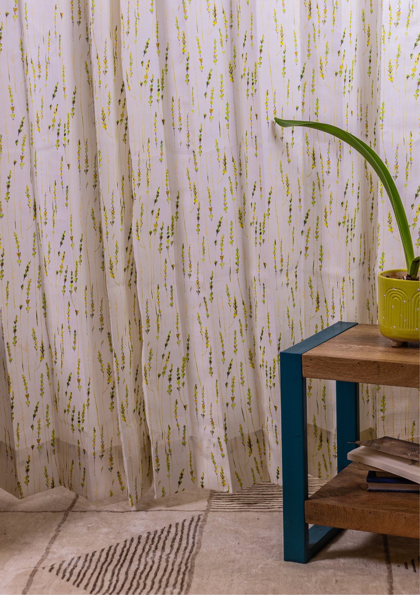 Green Color Curtain Watercolor Design Bajra Print Curtain for Doors, Curtain for Window Polyester Curtain Fabric closeup