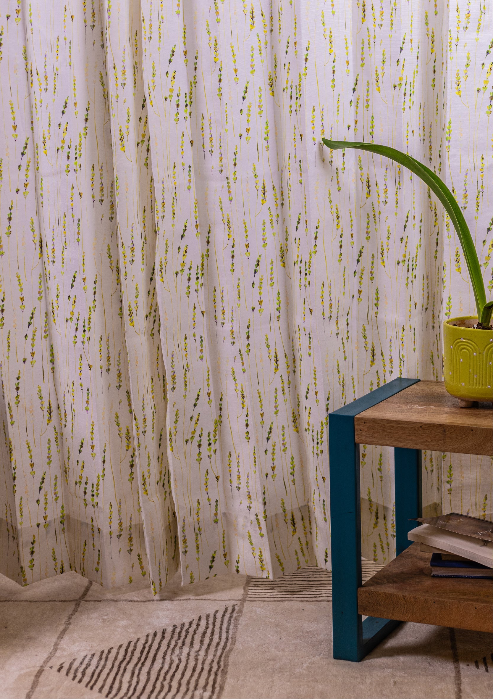 Green Color Curtain Watercolor Design Bajra Print Curtain for Doors, Curtain for Window Polyester Curtain Fabric closeup