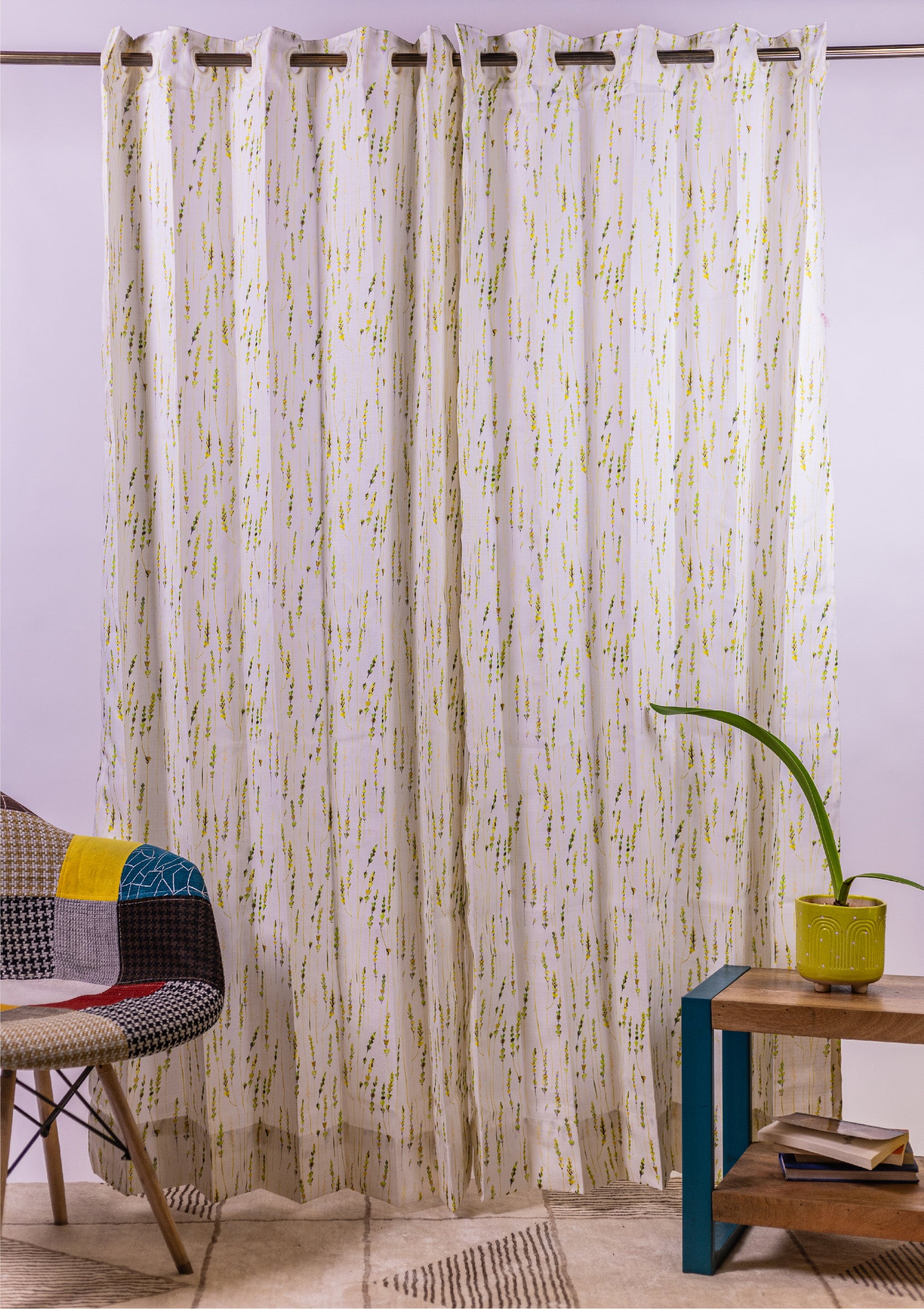 Green Color Curtain Watercolor Design Bajra Print Curtain for Doors, Curtain for Window Polyester Curtain Fabric full