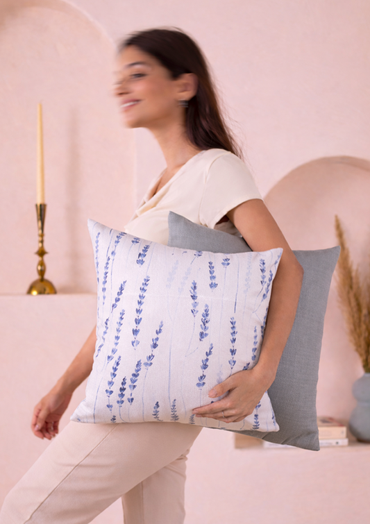Navy Blue Long Leaf Printed Cushion Cover for Modern Homes