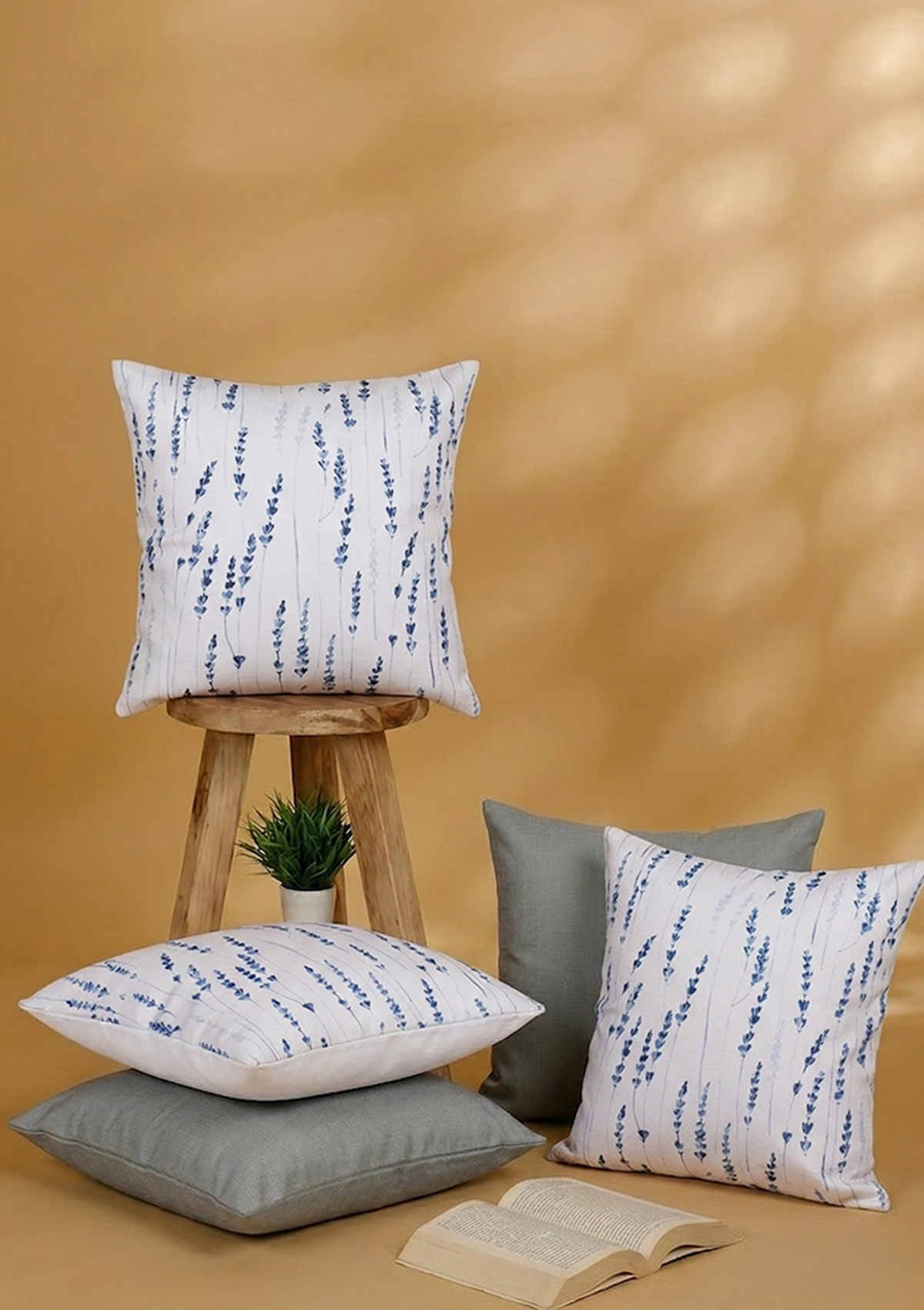 Navy Blue Long Leaf Printed Cushion Cover for Modern Homes