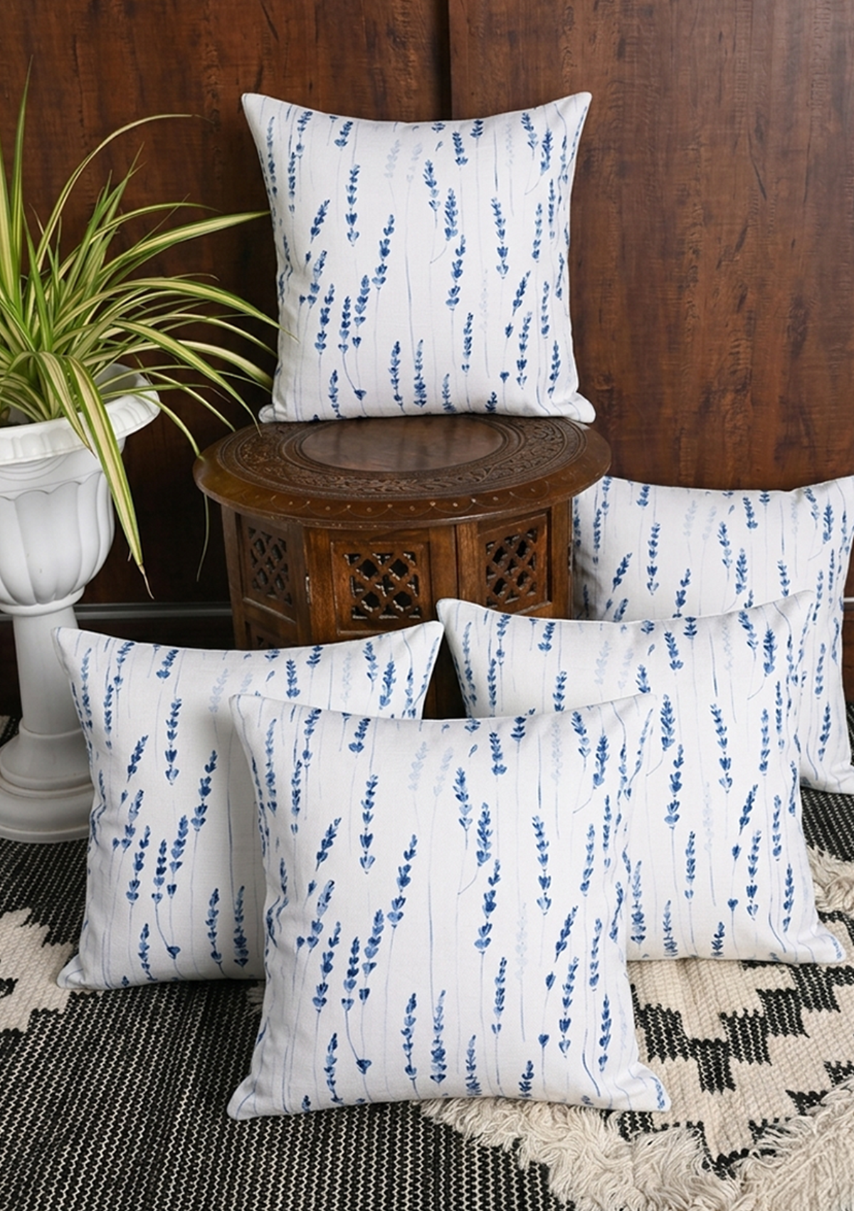 Navy Blue Long Leaf Printed Cushion Cover for Modern Homes