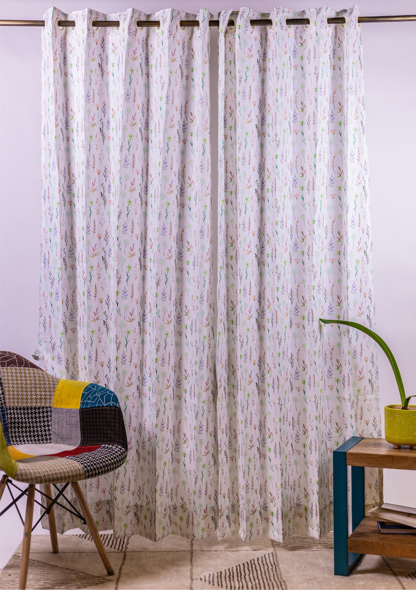 Peach Color Curtain Watercolor Design Bay Leaf Print Curtain for Doors, Curtain for Window Polyester Curtain Fabric