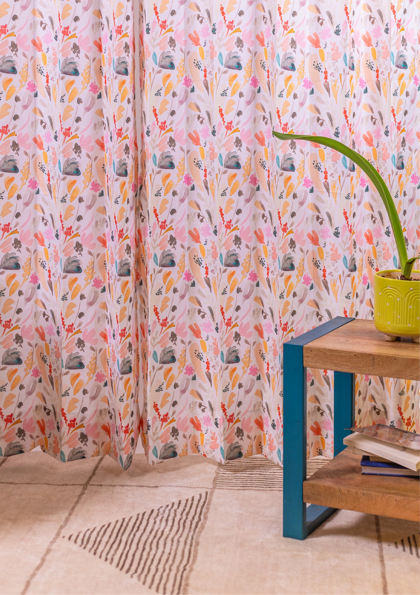 Peach Color Curtain Watercolor Design Leaf Print Curtain for Doors, Curtain for Window Polyester Curtain Fabric