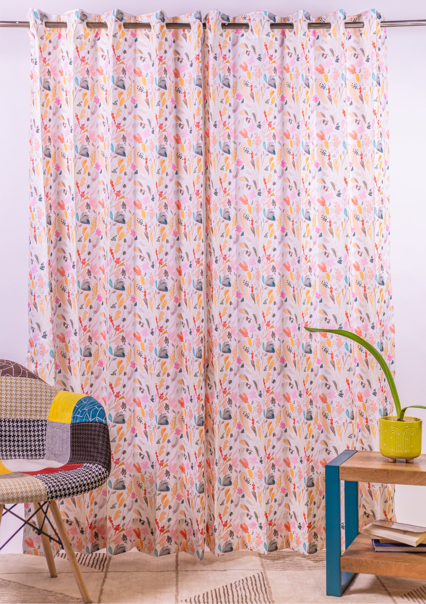 Peach Color Curtain Watercolor Design Leaf Print Curtain for Doors, Curtain for Window Polyester Curtain Fabric